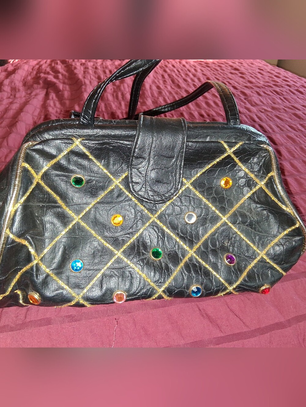 Vintage Baikal NY Genuine Leather Bag With Gemstone Accent Early 2000's